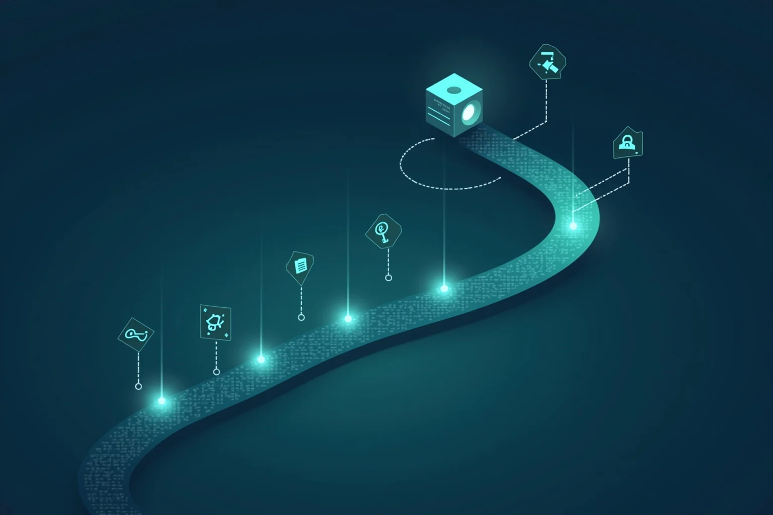 Isometrische Illustration eines Agentic-Coding-Workflows: leuchtender Pfad in Mint-Teal, der durch mehrere Validierungs-Checkpoints von links unten nach rechts oben verläuft und an einem stilisierten KI-Agenten-Würfel endet.